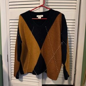Cozy Argyle V-Neck Sweater in Black and Tan